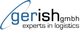 Logo von Gerish GmbH mit Slogan "experts in logistics" und geschwungener blauer Linie.