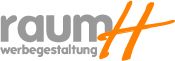 Logo mit dem Text "raum" in Grau und "H" in Orange, darunter "werbegestaltung" kleiner in Grau.