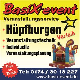 Bunte Werbeanzeige von BasiX-event für Hüpfburgen, Veranstaltungstechnik und Planungsservice.
