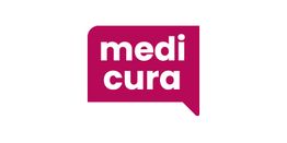 Rode tekstballon met het witte logo van "medicura".