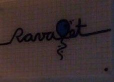 Texto manuscrito "Ravatet" con un globo azul dibujado sobre una cuadrícula.