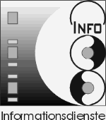 Abstraktes Logo mit Schriftzug "INFO" und "Informationsdienste", schwarz-weißes Design.