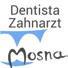 Logo di uno studio dentistico con testo "Dentista Zahnarzt Mosna" e una grafica blu a forma di sorriso.