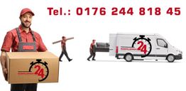 Mann in Arbeitskleidung mit Karton, Transporter und Telefonnummer.