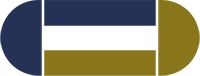 Pillenförmiges Design in Blau und Gold mit horizontalen Streifen in der Mitte.