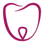 Dibujo de una muela estilizada en líneas rosas sobre fondo marrón oscuro.