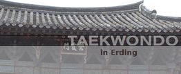 Text "TAEKWONDO in Erding" vor traditionellem asiatischen Gebäudedach.