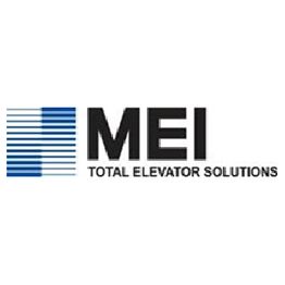 Logo of MEI Total Elevator Solutions with blue lines and bold text.