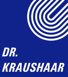 Blaues Logo mit weißem Muster und Text "Dr. Kraushaar".