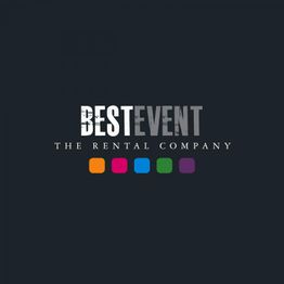Logo von "Besevent - The Rental Company" mit sechs bunten Quadraten darunter auf dunkelgrauem Hintergrund.