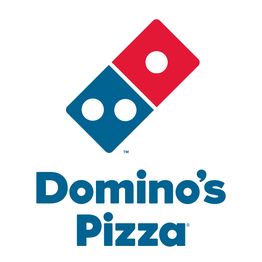 Logotipo da Domino's Pizza com dominó azul e vermelho acima do nome da marca.