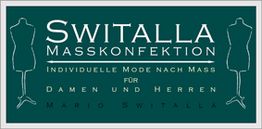 Schild mit "SWITALLA Masskonfektion" und Schneiderpuppen, individuelle Mode für Damen und Herren.