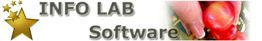 Logo "INFO LAB Software" con una stella dorata e una mano su sfondo sfocato.