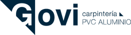 Logo de Govi, carpintería de PVC y aluminio. Letras azules y diseño abstracto geométrico.