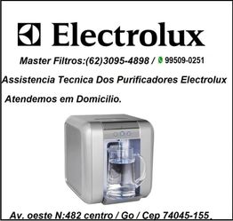 Cartaz de assistência técnica Electrolux com imagem de purificador e detalhes de contato.