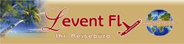 Banner mit Schriftzug "Levent Fly, Ihr Reisebüro", Palmenbild links, Globus rechts.