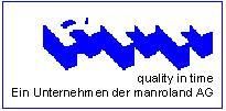 Blaues Logo mit Text "quality in time". Untertitel: "Ein Unternehmen der manroland AG".