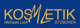 Kosmetik-Logo, gelber Text "Michaela Looft Kosmetik Stübchen" auf blauem Hintergrund.