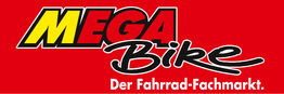 Rotes Logo mit gelbem "MEGA", schwarzem "Bike" und Slogan "Der Fahrrad-Fachmarkt."