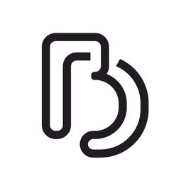 Abstract zwart-wit logo met de letters 'P' en 'B' in een gestroomlijnde, overlappende vorm.