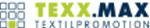 Logo mit Text: "TEXX.MAX TEXTILPROMOTION", kombiniert mit quadratischen Mustern in Blau und Grün.