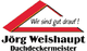 Logo von Jörg Weishaupt Dachdeckermeister mit Slogan "Wir sind gut drauf" und rotem Dachmotiv.