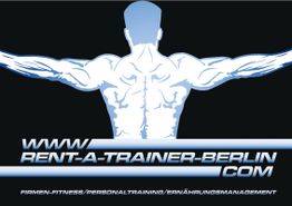 Silhouette eines muskulösen Mannes mit Website-Text: "rent-a-trainer-berlin.com" und Dienstleistungen.