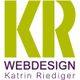 Logo mit den Buchstaben "KR" in Grün, darunter "Webdesign Katrin Riediger" in Lila.