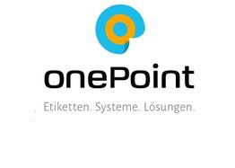 Logo mit blauem und gelbem Symbol, Schriftzug "onePoint" und Text "Etiketten. Systeme. Lösungen."