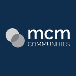 MCM Communities logo with overlapping grey circles on a dark blue background.