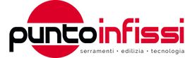 Logo "puntoinfissi" con scritta: serramenti, edilizia, tecnologia su sfondo bianco e cerchio rosso.