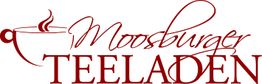 Logo mit rotem Schriftzug "Moosburger Teeladen" und stilisierter Teetasse mit Dampf.