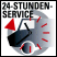 Symbol eines Fahrzeugs mit Uhr und Pfeil, Text: "24-Stunden-Service".