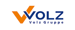 Logo der Volz Gruppe mit orangem "V" und blauer Schrift.