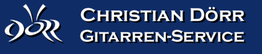 Logo mit Text "Christian Dörr Gitarren-Service" auf blauem Hintergrund.