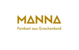 Logo mit Text "MANNA, Feinkost aus Griechenland" in goldener Schrift auf weißem Hintergrund.