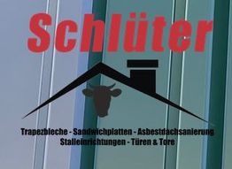 Schlüter-Logo mit Text: Trapezbleche, Sandwichplatten, Asbestdachsanierung, Stalleinrichtungen.