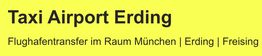 Gelber Hintergrund mit Text: "Taxi Airport Erding. Flughafentransfer München, Erding, Freising."