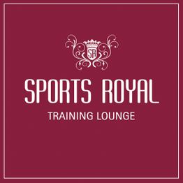 Logo: "Sports Royal Training Lounge" in weiß auf weinrotem Hintergrund, Krone und Ornament oben.