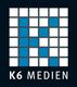 Logo mit blau-weißen Quadraten und Schriftzug "K6 MEDIEN" auf schwarzem Hintergrund.