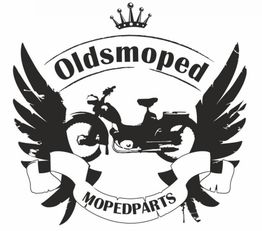 Logo mit Moped, Flügeln und Krone, Aufschrift: "Oldsmoped MOPEDPARTS".