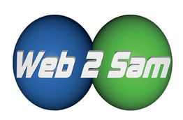 Deux sphères, bleue et verte, avec le texte "Web 2 Sam" en lettres blanches.