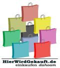 Bunte Einkaufstaschen übereinander gestapelt, darunter Text: HierWirdGekauft.de, einkaufen dahoam.