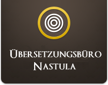 Logo mit Kreissymbol und Text "Übersetzungsbüro Nastula" auf braunem Hintergrund.