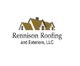 Logo of Rennison Roofing and Exteriors, LLC with stylized house roofs and chimneys.
