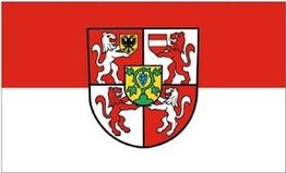 Wappen mit vier weißen Löwen auf rotem und weißem Hintergrund, mit zentralem Emblem.