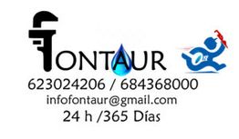 Logotipo de Fontaur con contactos y disponibilidad 24/7. Icono de fontanero azul con llave inglesa.
