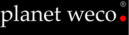 Schwarzer Hintergrund mit weißem Text "planet weco" und rotem Punkt daneben.
