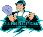 Cartoon electrician with a light bulb; text: "All Pro Electrician Surprise."