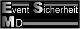 Schwarzes Logo mit silberner Schrift: "E M D Event Sicherheit" und dekorativen Linien.